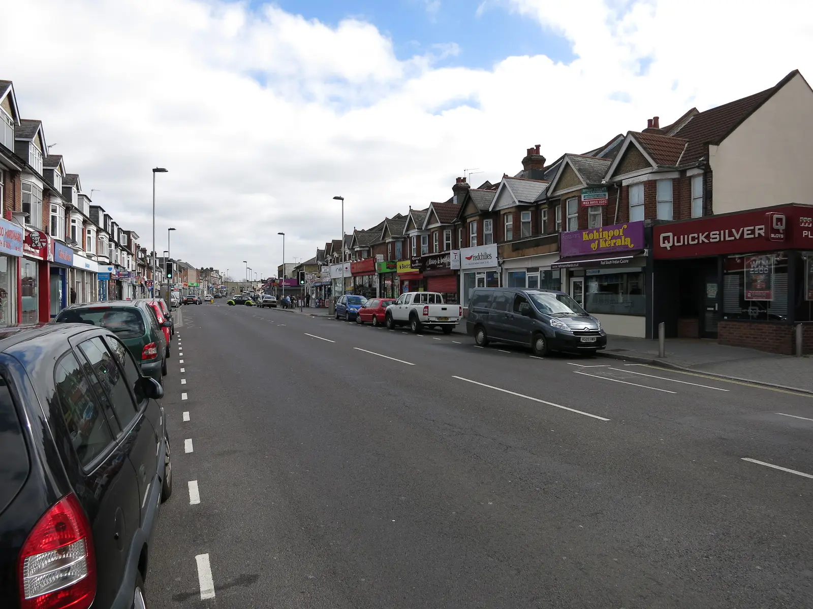 Shop parades with flats above on Portswood High Street, Southampton