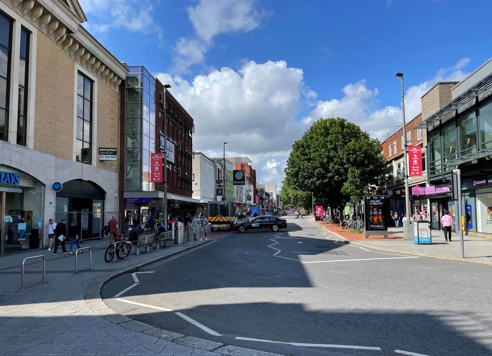 Above Bar Street in Southampton city centre on a sunny day